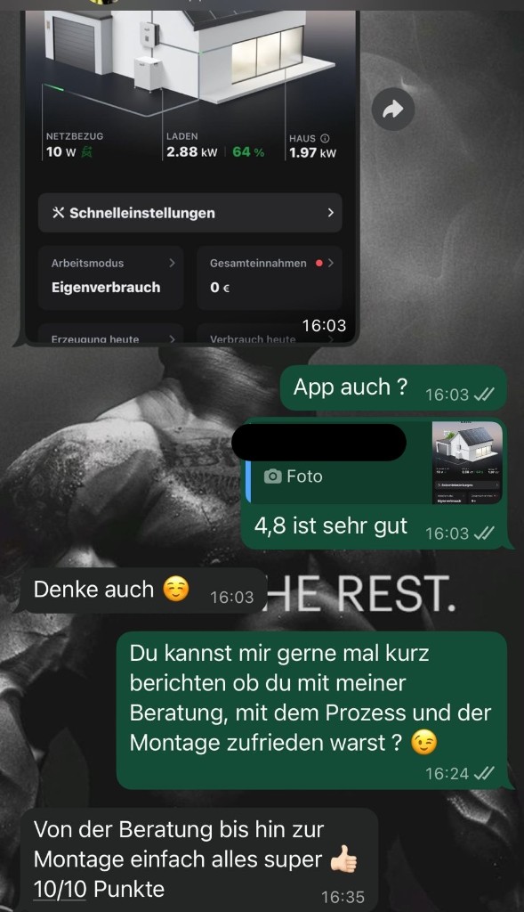 WhatsApp-Kundenstimme: Von der Beratung bis zur Montage alles super — 10/10